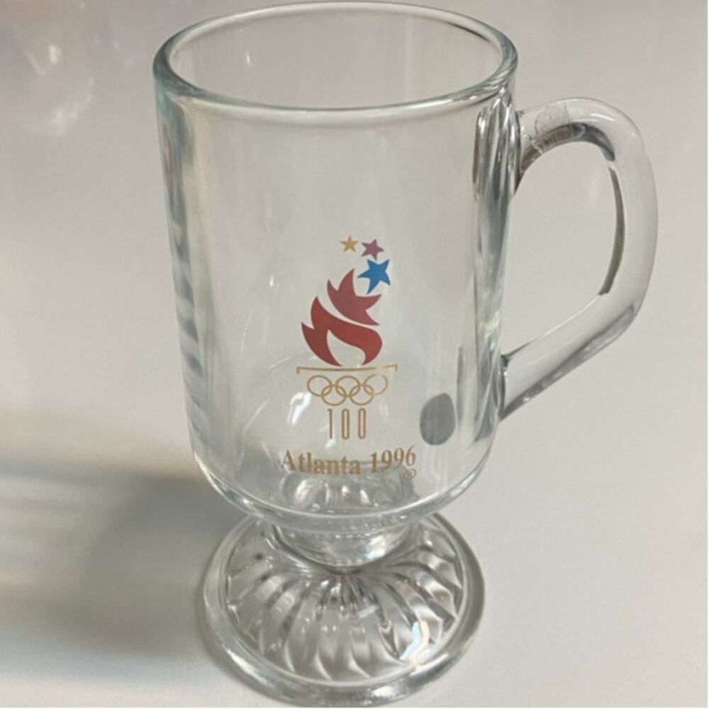 VTG Atlanta 1996 Olympics Clear glass souvenir mug for hot or cold beverages EUC